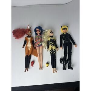 Lot Of 4 Miraculous Lady Bug Cat Noir Doll Queen bee Rena Rouge Plus 3 Kami Lot